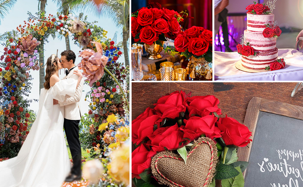 Hidawn Artificial Flowers Silk Roses, 10pcs Real Looking Fake Red Roses Faux Flowers with Long