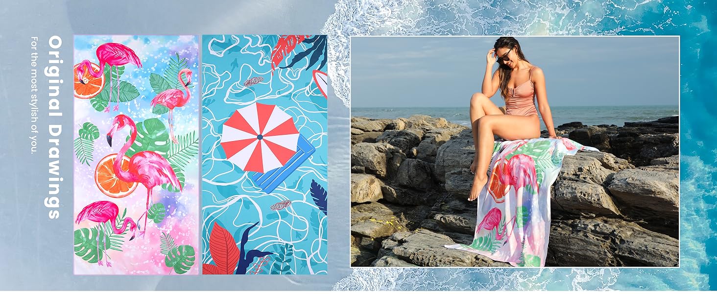 Two-panel beach-themed image: left shows colorful flamingo and tropical pattern, right displays woman in bikini sitting on rocky shore.