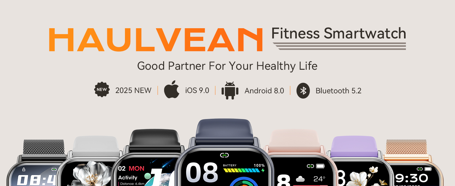 Fitness smartwatch lineup featuring six color options. Square-faced watches display digital time and health metrics. Compatible with iOS and Android, offering Bluetooth 5.2 connectivity.