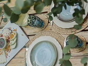 Round Placemats Farmhouse Boho Straw Circle Placemat Braided Heat Resistant Wicker Outdoor Placemats