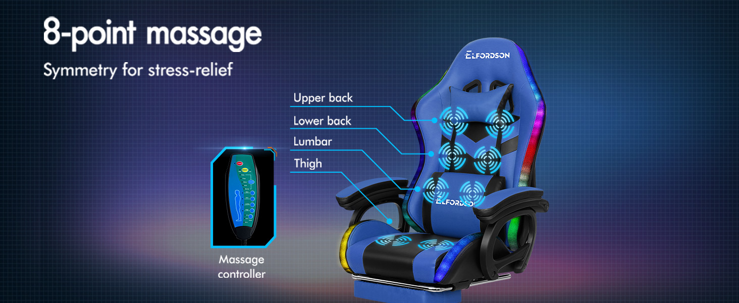 ELFORDSON Gaming Chair With RGB LED Light 8-Point Massage, Blue & Black 11 2-1