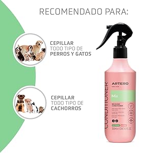 del acondicionador para mascotas Artero Mix. Recomendado para cepillar todo tipo de perros, gatos y cachorros. Tamaño de 300 ml con boquilla rociadora negra