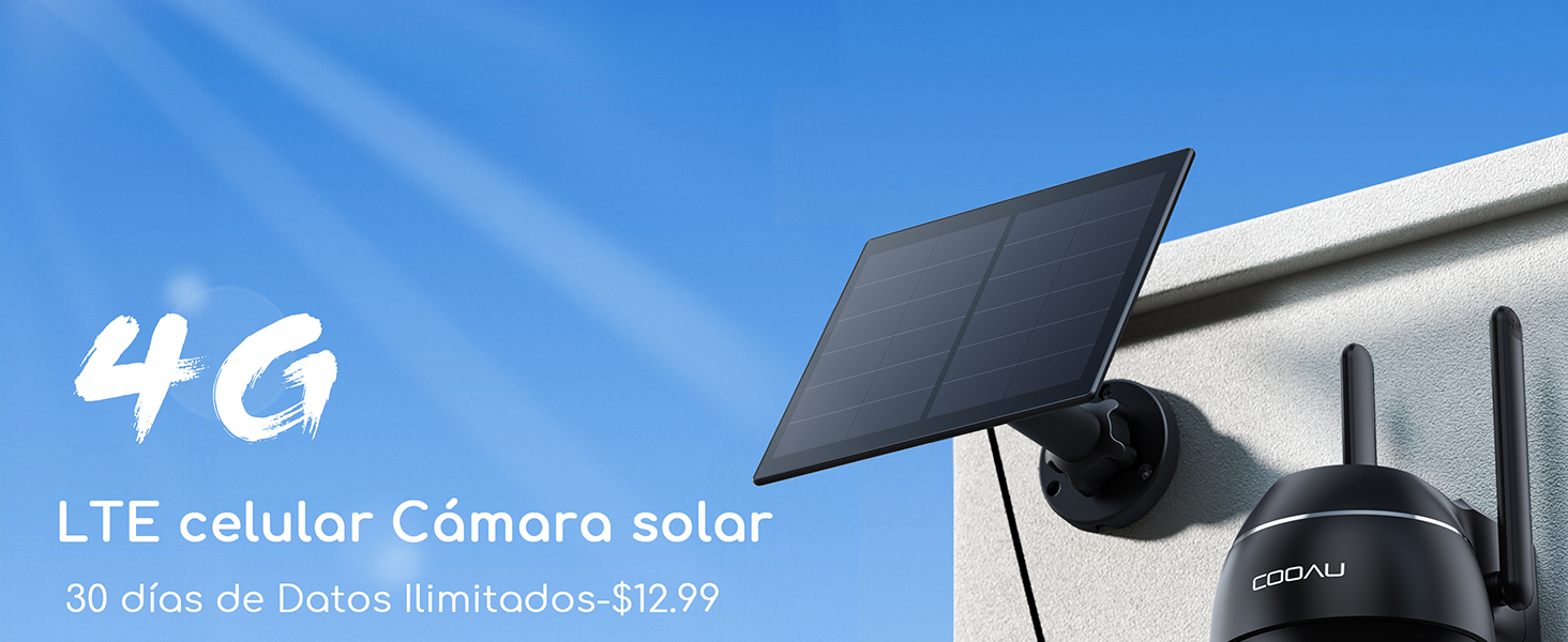 Câmara de segurança exterior com suporte de painel solar e conectividade 4G LTE, montada na parede branca contra o céu azul