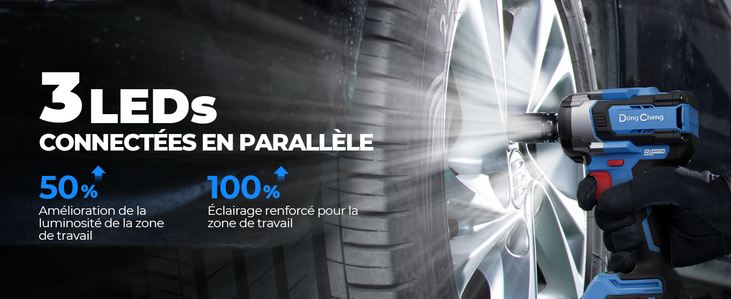 Le texte indique « 3 LED CONNECTÉES EN PARALLÈLE », « 50 % », « 100 % ». Démonstration de produit montrant une lampe de travail ou un outil à LED avec des motifs de faisceau dans un environnement sombre.