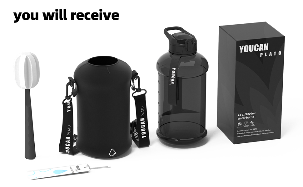 YOUCAN PLATO 74 oz Half Gallon Water Bottle with Sleeve