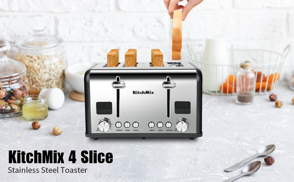 Toaster 4 Slice, Bagel Stainless Toaster with LCD Timer, Extra Wide
