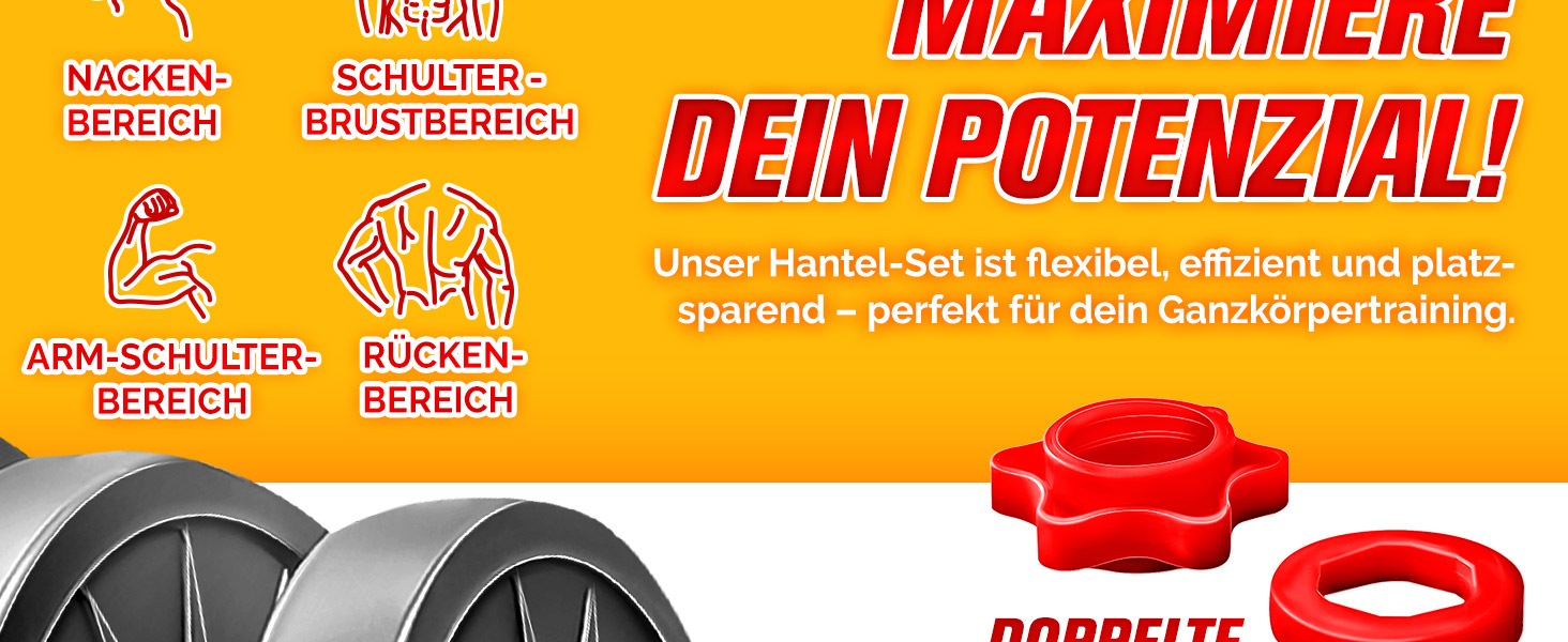 Werbung für Fitnessprodukte in Rot und Orange mit Körperteilsymbolen und roten kreisförmigen Gewichten. Der Text wirbt für ein flexibles, effizientes und platzsparendes Ganzkörper-Trainingsgeräteset