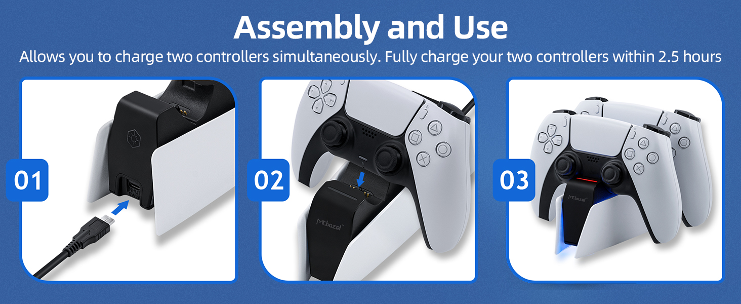 . Le guide en trois étapes montre la connexion et le chargement simultané de deux manettes en 2,5 heures.
