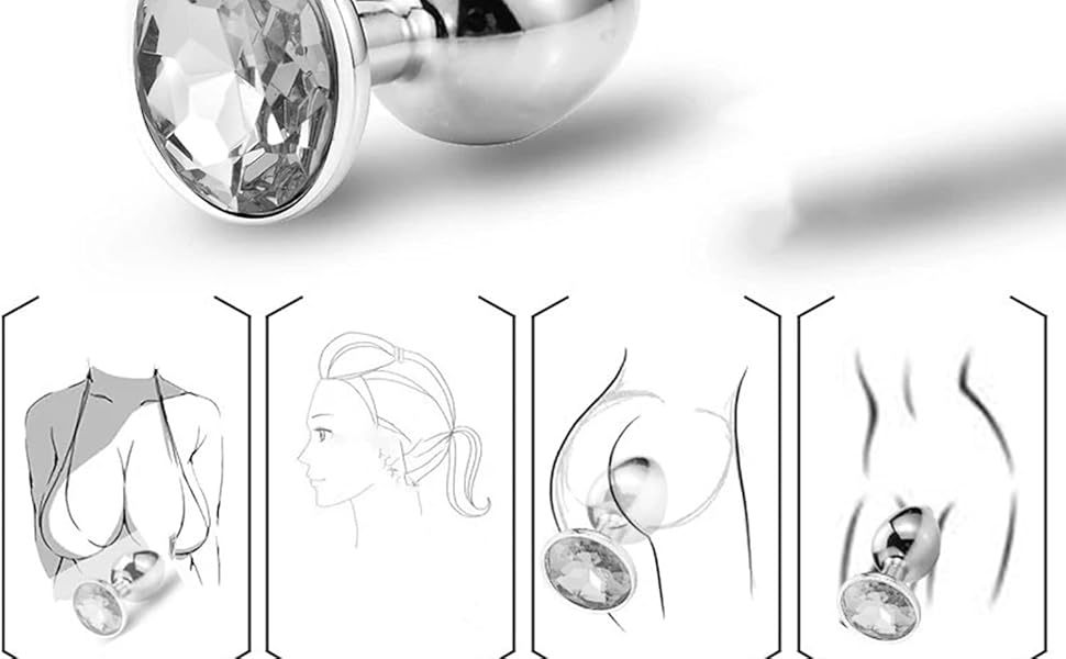 Analplug aus Metall mit großer sphärischer Basis und facettiertem Kristallende. Das Diagramm zeigt verschiedene Körperteile für den vorgesehenen Gebrauch, darunter Brust, Fuß, Anus und private Bereiche.