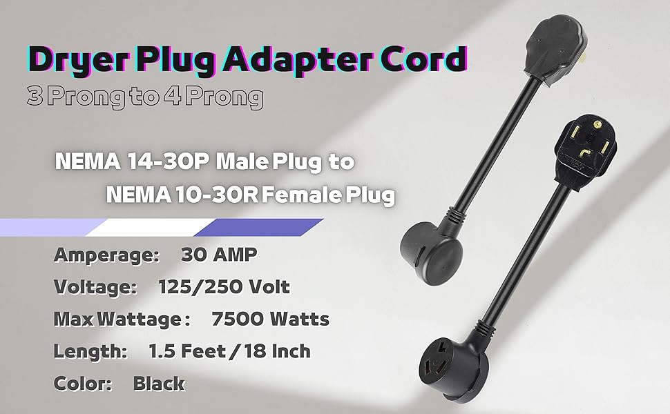 Dryer Adapter Cord, NEMA 1430P Male to 1030R Female 3