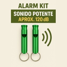 El texto dice «ALARM KIT SONIDO POTENTE». El producto muestra dos dispositivos cilíndricos de color verde con el icono de señal inalámbrica unidos a los llaveros.
