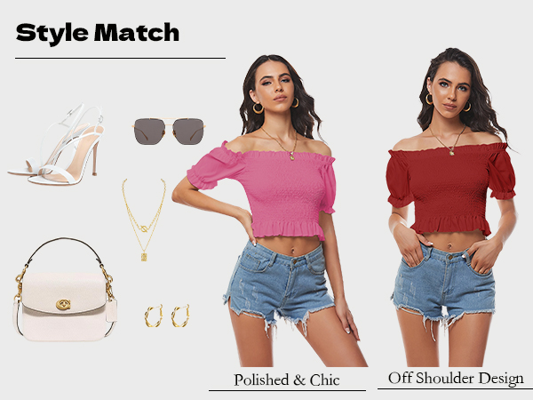 新品 Off the-shoulder Cropped Shirred Top LYANER Women's Casual Off Shoulder Shirred Short Sleeve Crop