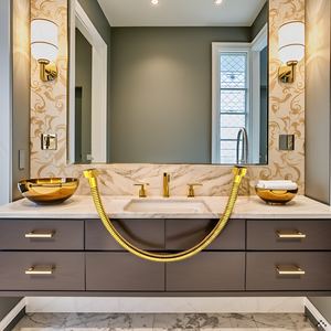 Um luxuoso ambiente de banheiro com uma torneira dourada e azulejos brilhantes, mostrando o produto em um