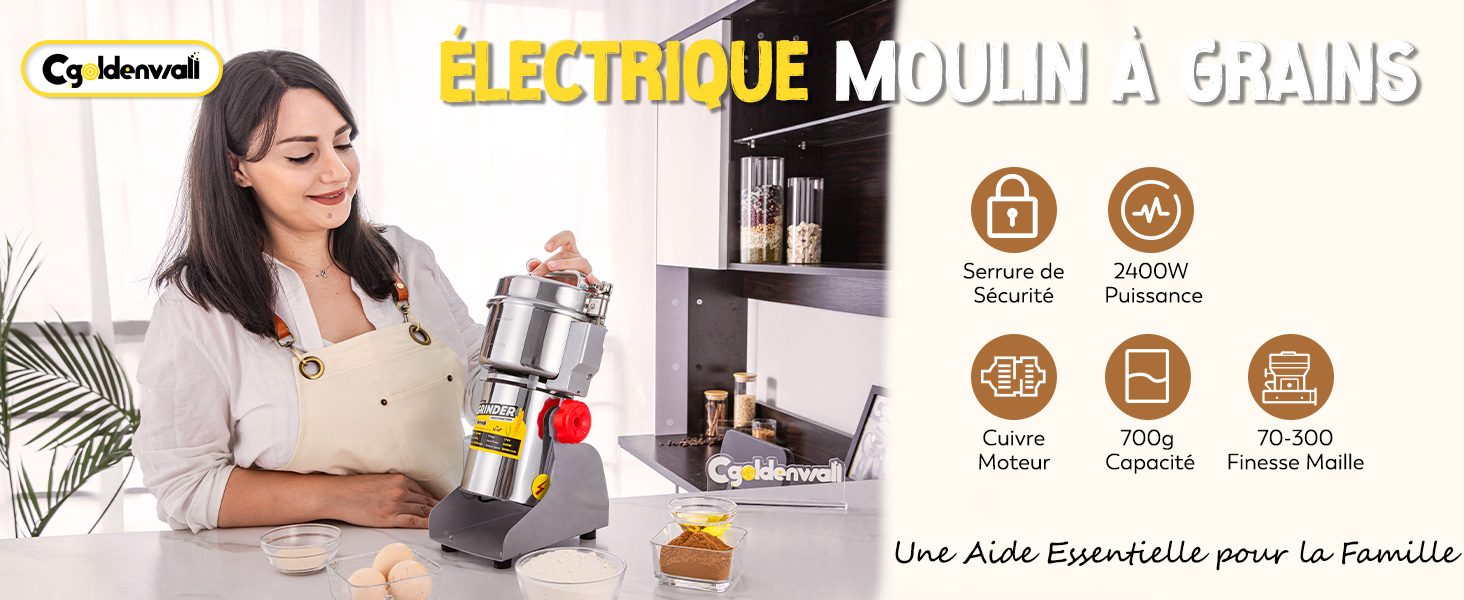 avec corps en acier inoxydable. Les caractéristiques incluent un moteur de 150 W, une capacité de 60 g et plusieurs réglages de mouture. Femme démontrant son utilisation dans la cuisine.