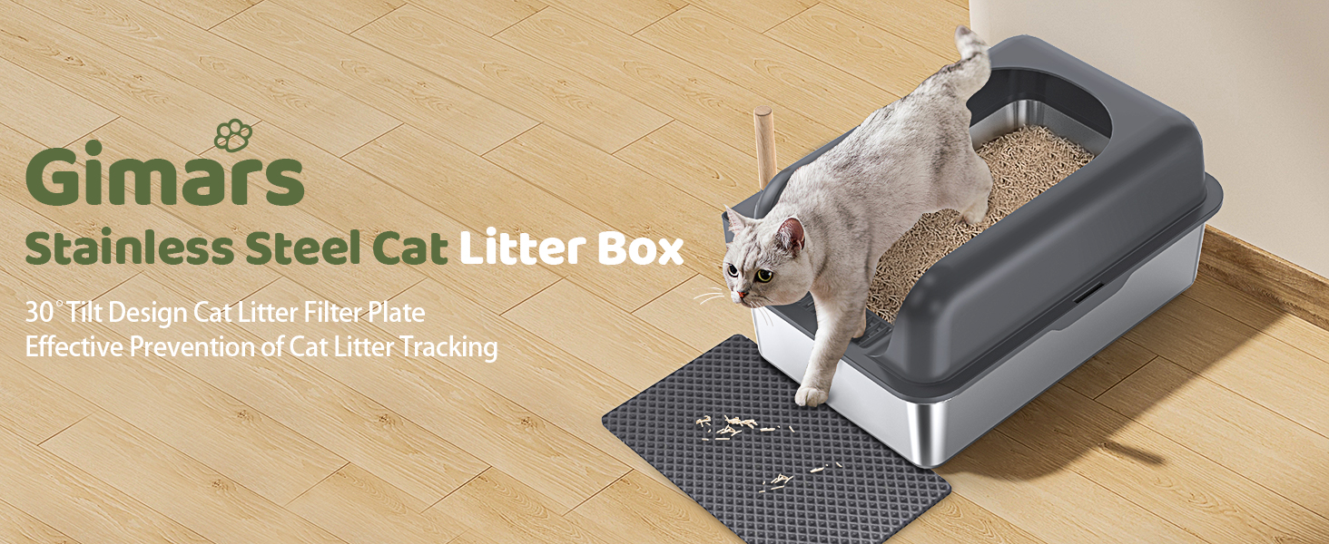Gimars XL Stainless Steel Cat Litter Box, Large Stainless Steel Cat Litter Tray, 20L Metal Litter Tray with Litter Scoop & Mat, Good for Large Medium Cats 8 cat
