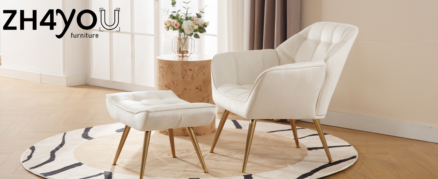 Cream Beige Accent Chair with Ottoman