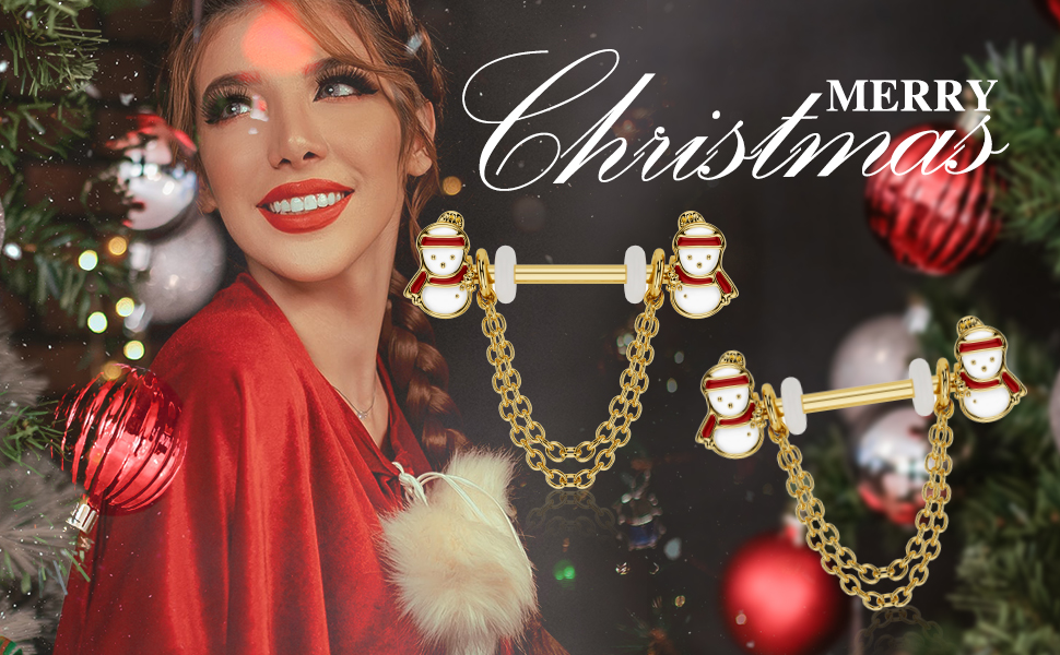 Melighting Christmas Nipple Rings Piercing with Snowman 14G