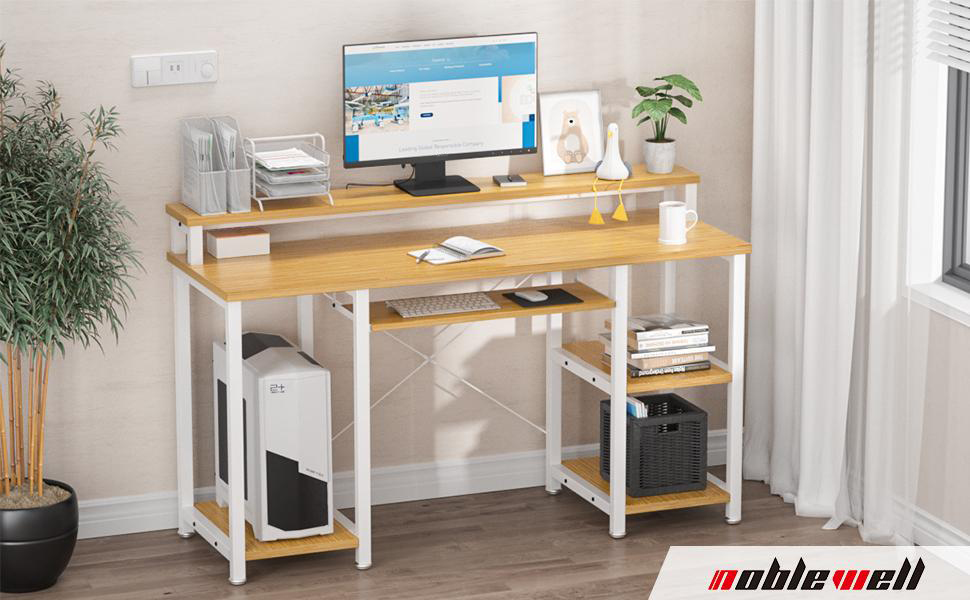 NOBLEWELL Computer Desk with Monitor Stand Storage Shelves Keyboard Tray，47