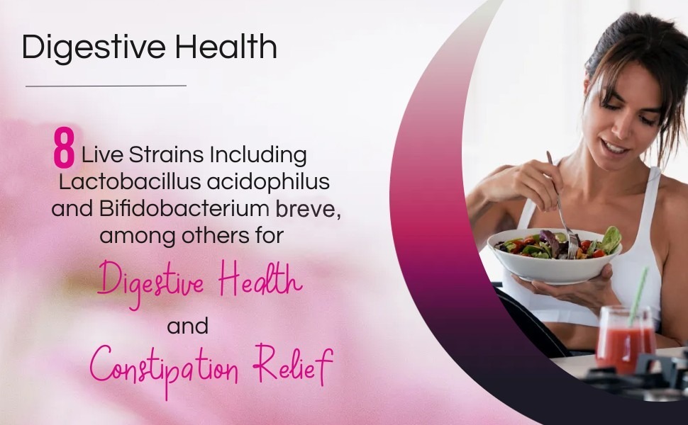 woman eating a salad on a digestive health page talking about the 8 live strains