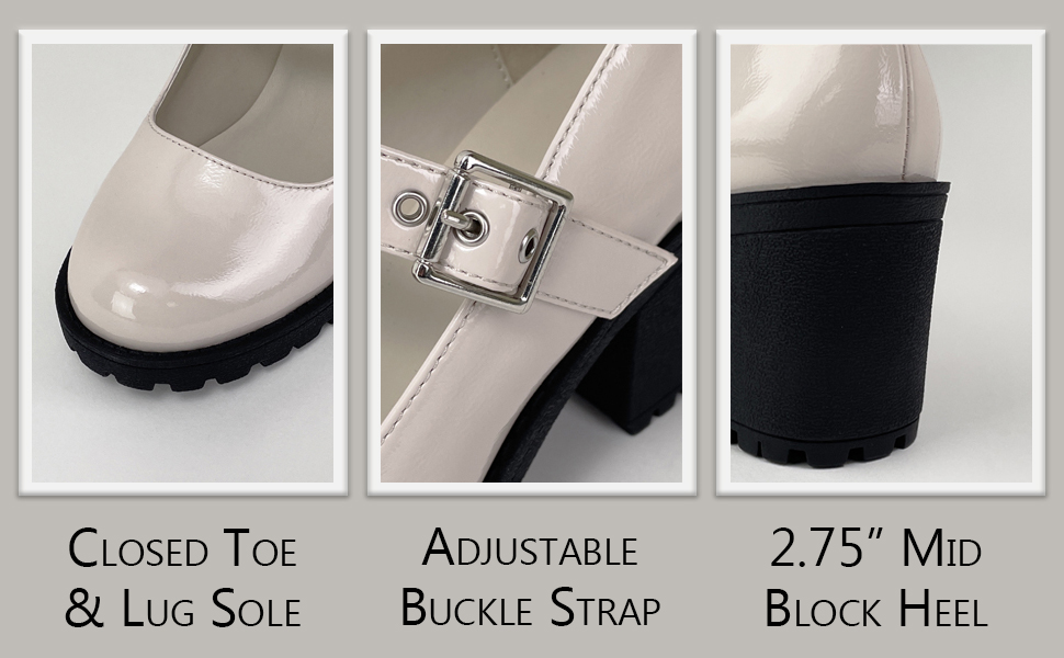 EVIANA CLOSED TOE & LUG SOLE, ADJUSTABLE BUCKLE STRAP, 2.75 INCH MID BLOCK HEEL CLOSE-UPS