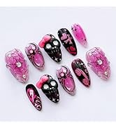 30 Pcs Halloween Press on Nails Medium Almond Fake Nails with 3D Skull Spider Web Rhinestones Des...