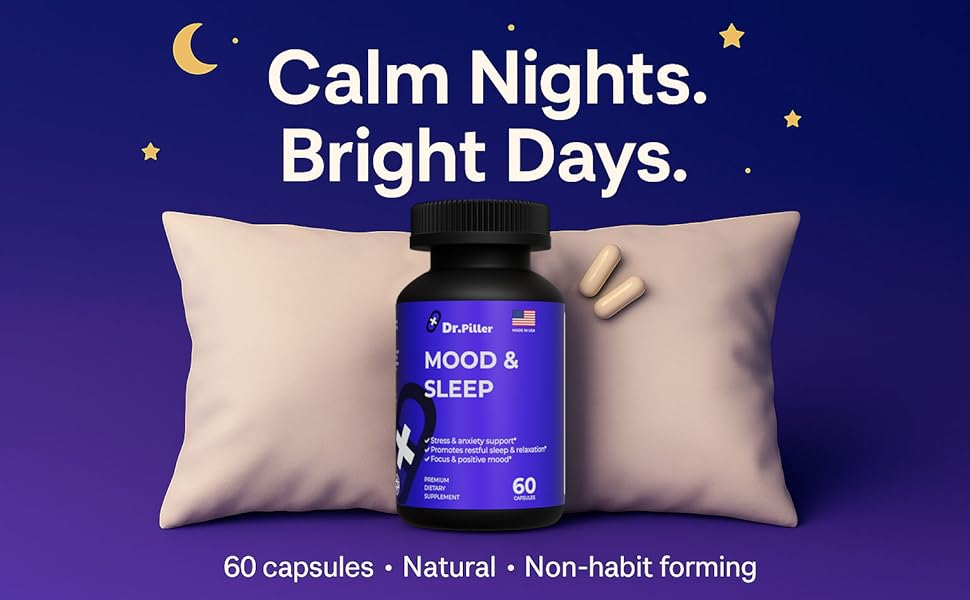 Mood & Sleep supplement for calm nights and bright days, natural, non-habit forming, 60 capsules.