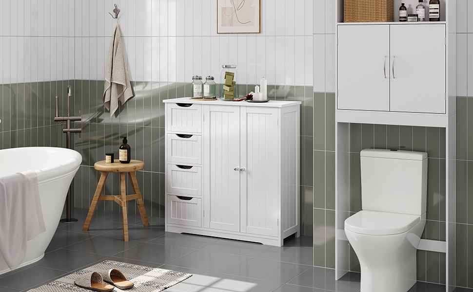 Modern bathroom featuring white vanity cabinet, toilet, bathtub, and wooden stool. Gray tiled walls and floor, with storage cabinets and decor.