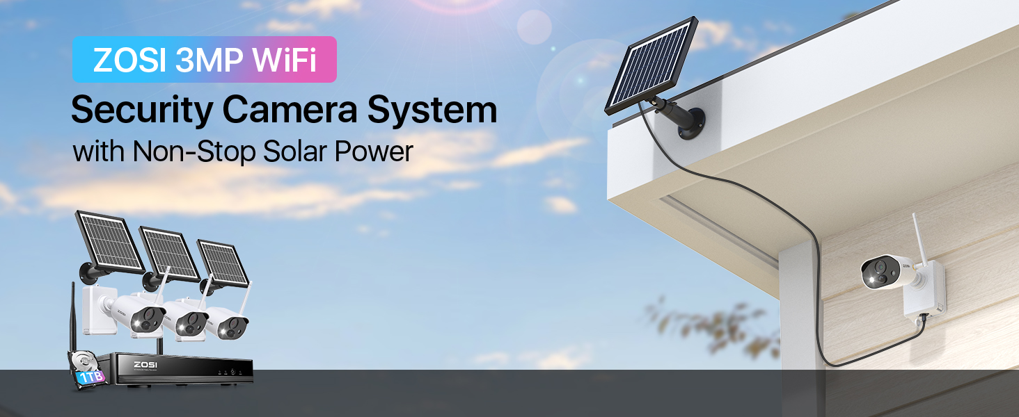 ZOSI 8CH 2K 3MP Solar Battery Powered Wireless Security Camera System