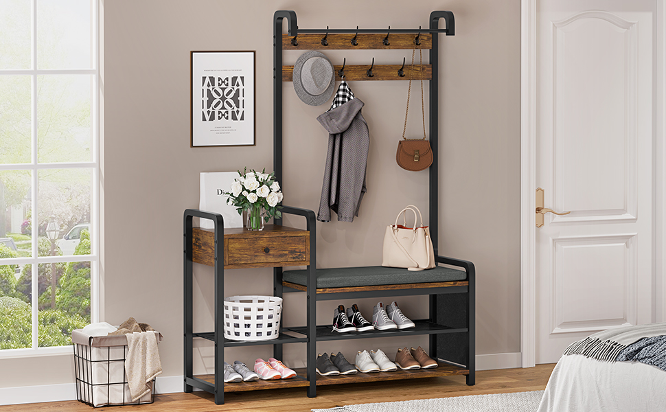 Itaar Hall Tree, Entryway Bench, Coat Rack Shoe Bench, Shoe