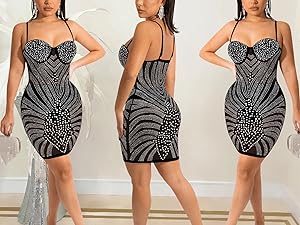 Lrady Women Spaghetti Strap Hot Drilling Process Sexy Dress Party Club Night Dress