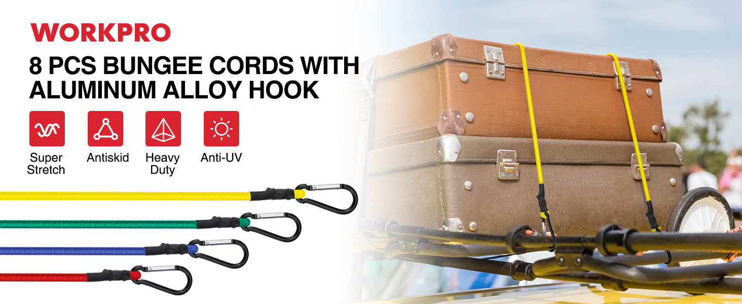 WORKPRO 8-Piece Bungee Cords with Aluminum