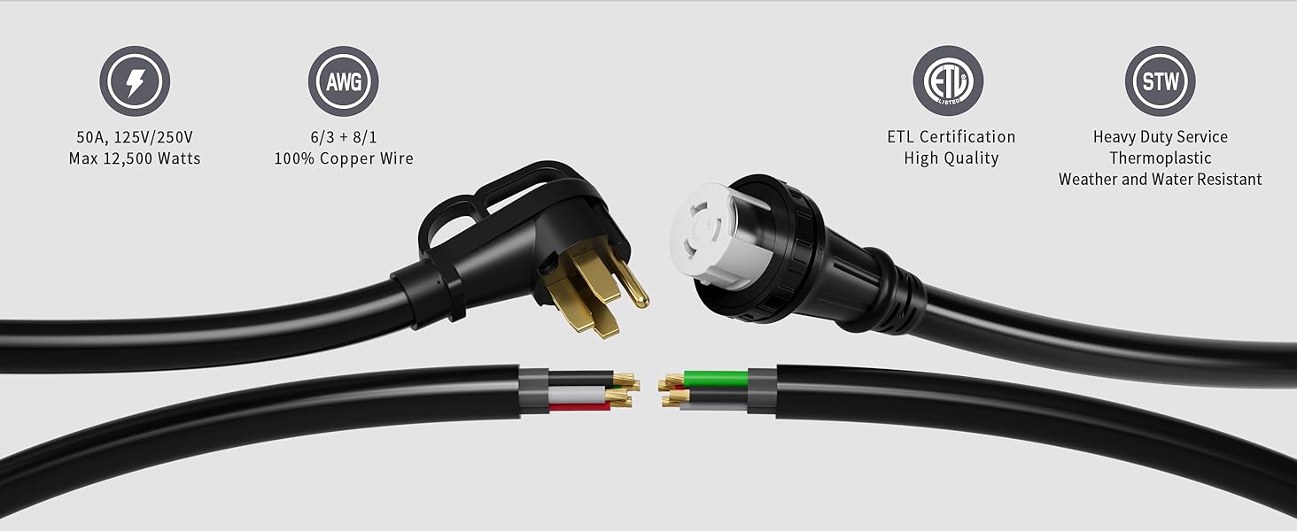 50 Amp Generator Cord, dé 10ft Generator Cable NEMA 1450P