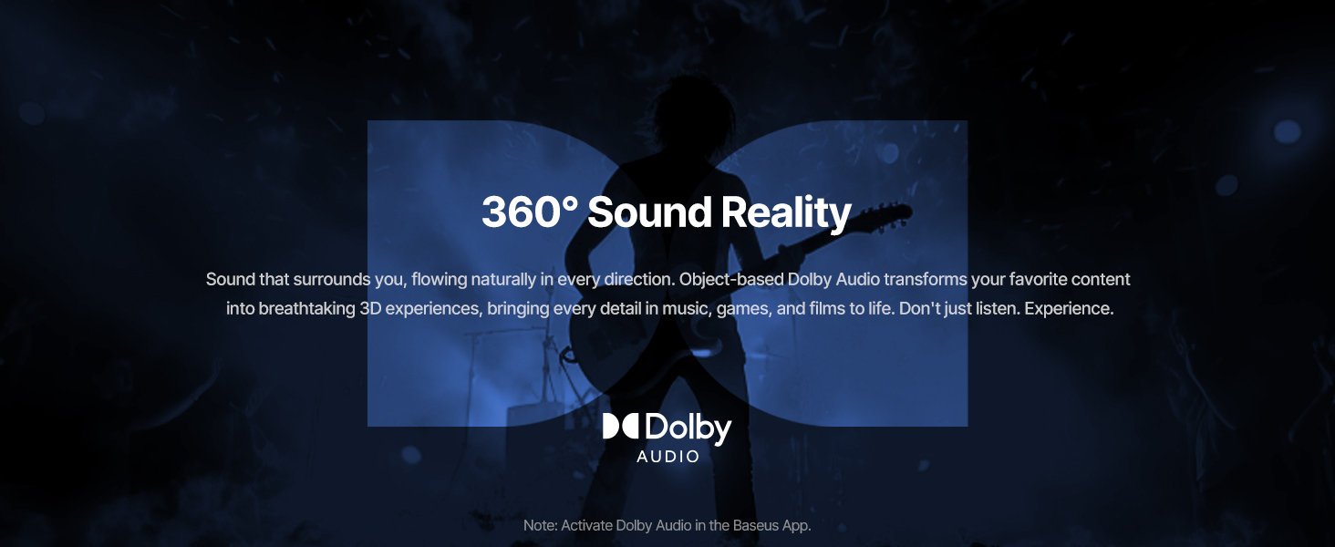 Text reads '360° Sound Reality'. Dark background with blue gradient lighting effect and minimalist design.