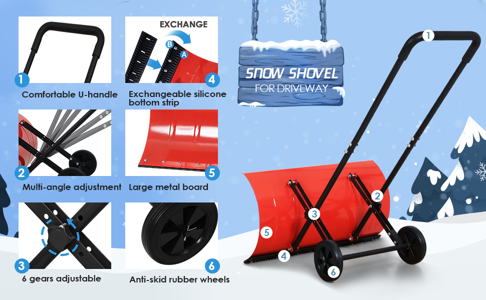KioGro Metal Snow Shovel, Wheeled Snow Pusher Shovel with