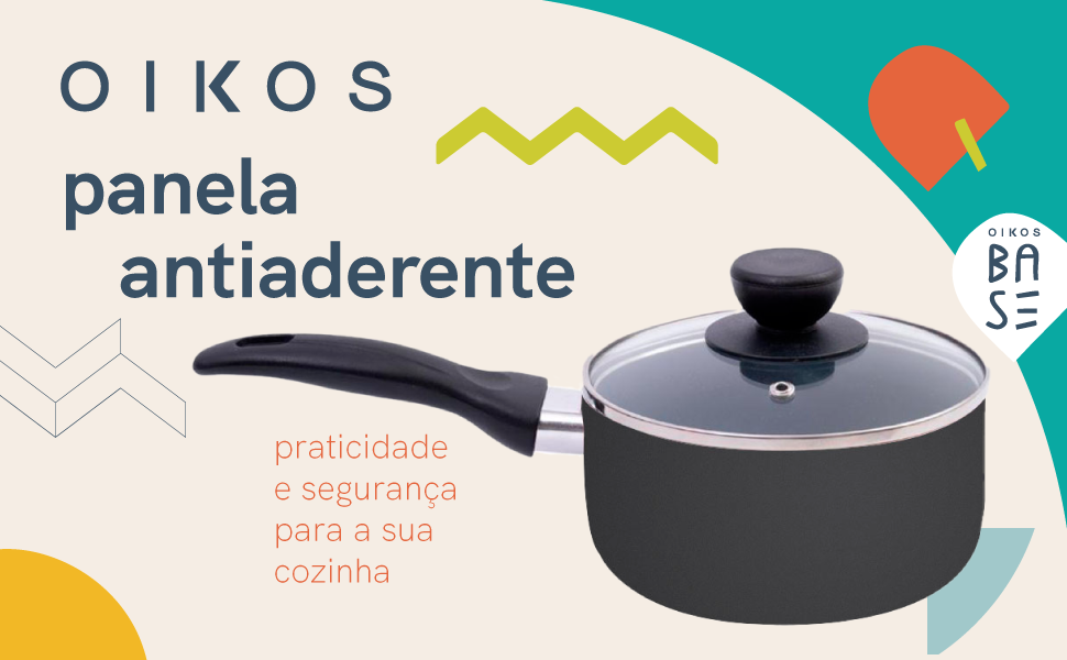 Panela antiaderente de cerâmica e alumínio com tampa de vidro 16cm - Oikos Preto