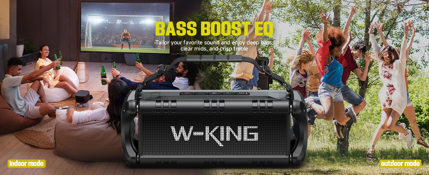 Large portable black W-KING speaker with 'BASS BOOST EQ' text, shown in both indoor relaxation and outdoor activity settings.