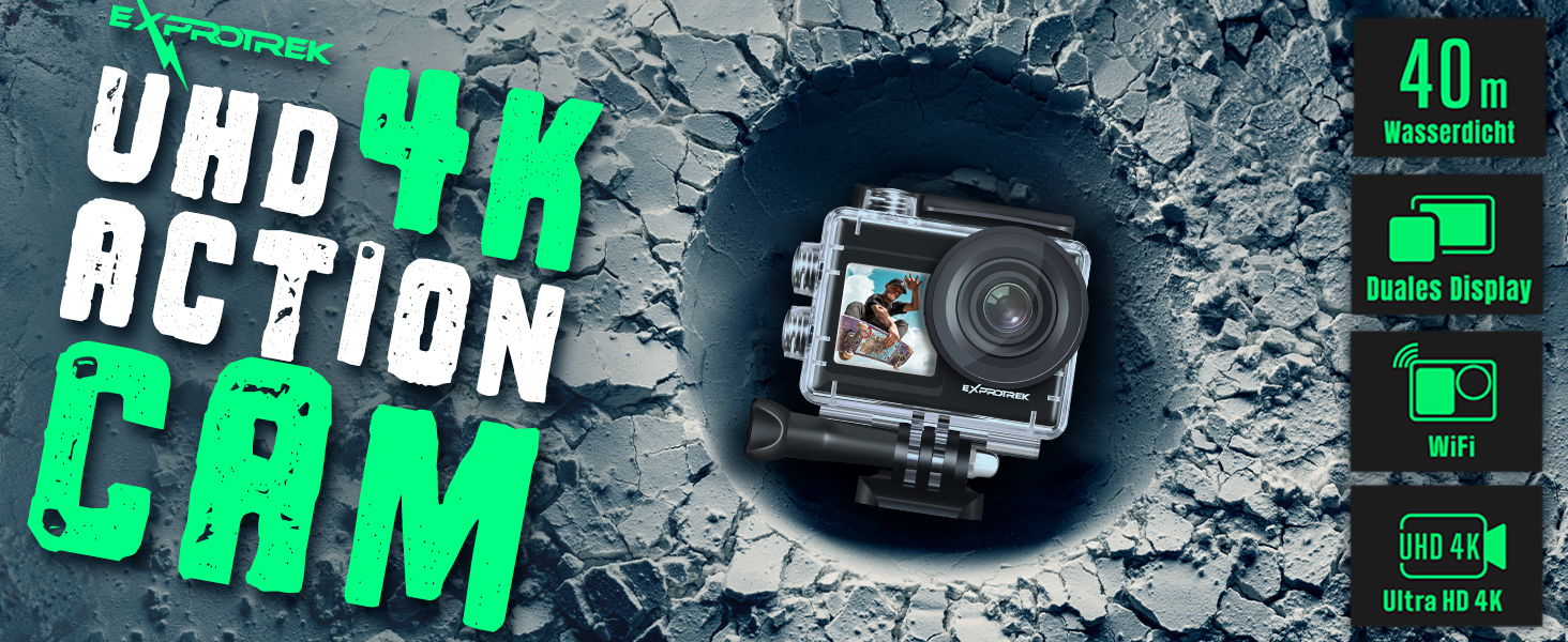 Exprotrek Action Cam 4K Unterwasserkamera Wasserdicht 40M Ultra HD 20MP