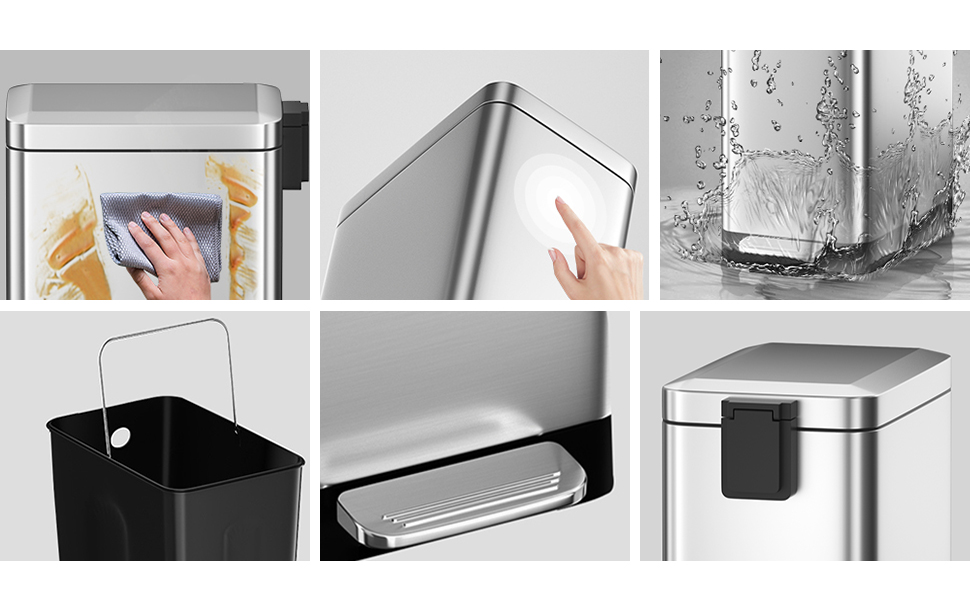 10 Liter Trash Can with Lid Soft Close, Slim Stainless Steel Step Garbage Can, Rectangular