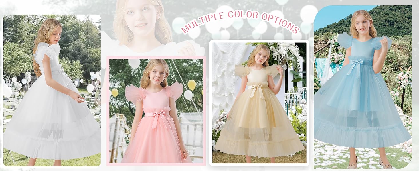Satin Flower Girl Dress Girls A-Line Ruffle Sleeve Dresses Girl Formal Tulle Dress for Wedding Party
