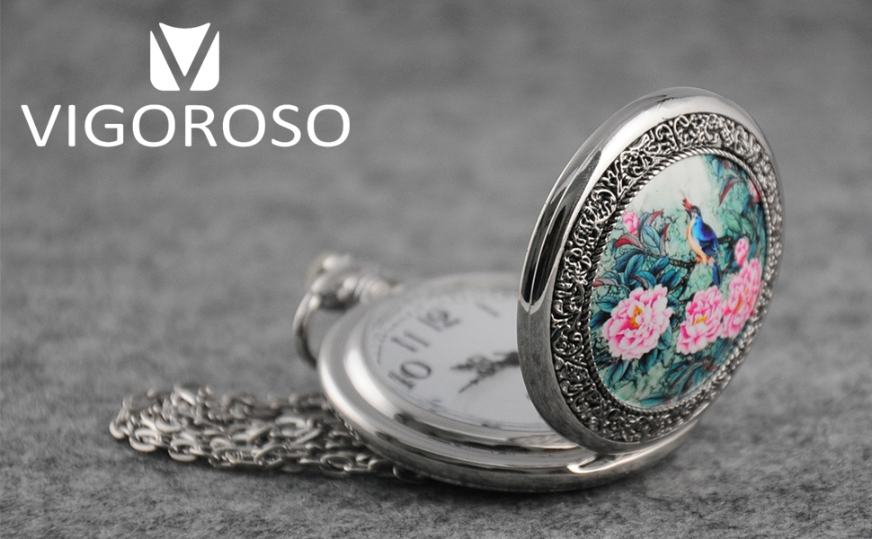 Quartz Beautiful Peony Bird Enamel Painting Steampunk Silver Pocket Watches