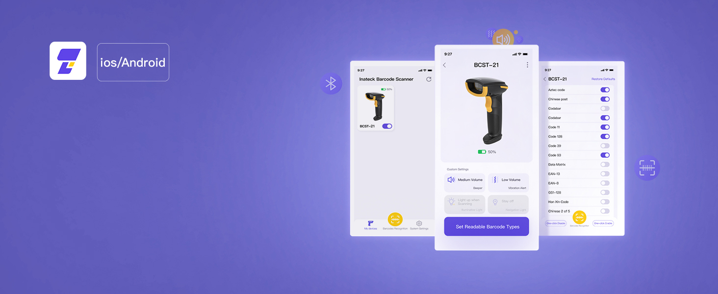 Inateck Barcode Scanner Wireless, Bluetooth Laser Bar Code Scanner, 1D