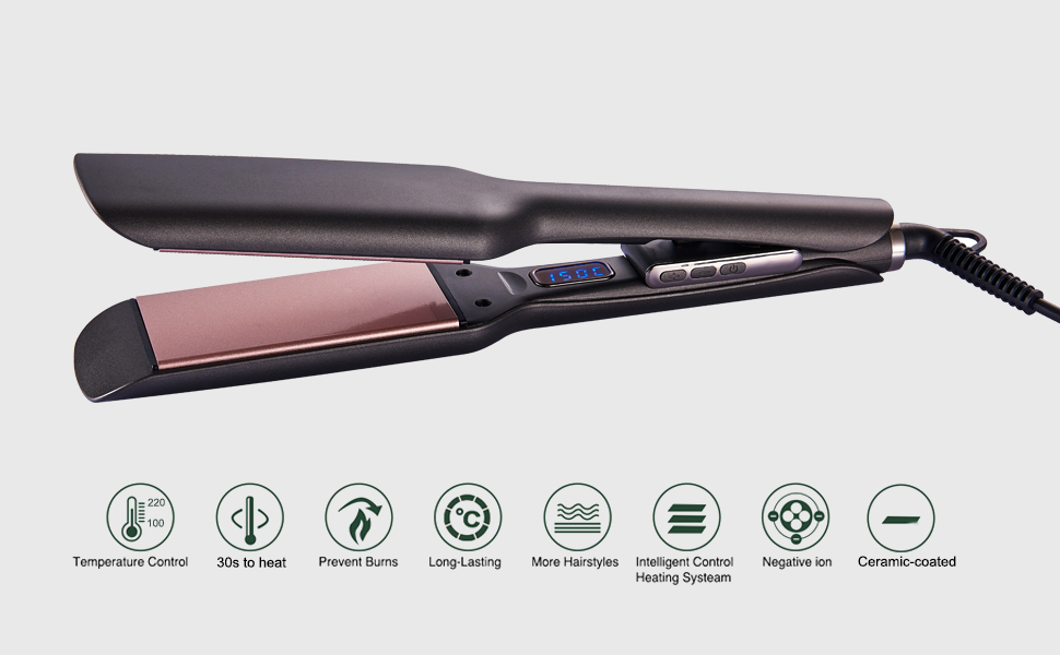 Ionic Hair Straighteners for Women,5.7cm Ceramic Wide Plate 120℃ to 220℃ LED Digital Display Side Temp Button Lock and Unlock Hair Straightener 2m 360 ...