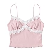 SweatyRocks Women's Lace Patchwork Spaghetti Strap Crop Cami Cute Ribbed Knit Slim Fit V Neck Cam...