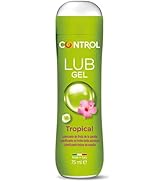 Botella verde de lubricante personal «Control Lub Gel» con empaque de temática tropical sobre fondo blanco.