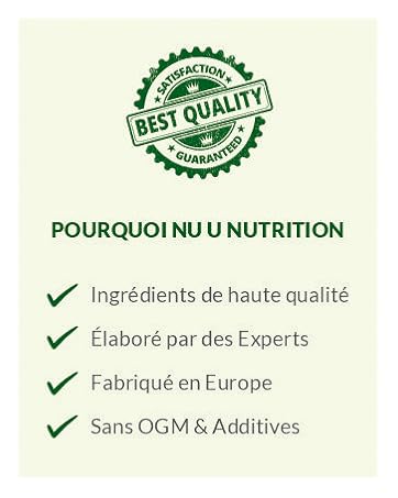 Graphique de qualité du produit avec un tampon circulaire vert indiquant « Meilleure qualité ». Liste des articles en français, y compris des ingrédients de haute qualité, fabriqués par des experts, fabriqués en Europe et exempts d'OGM et