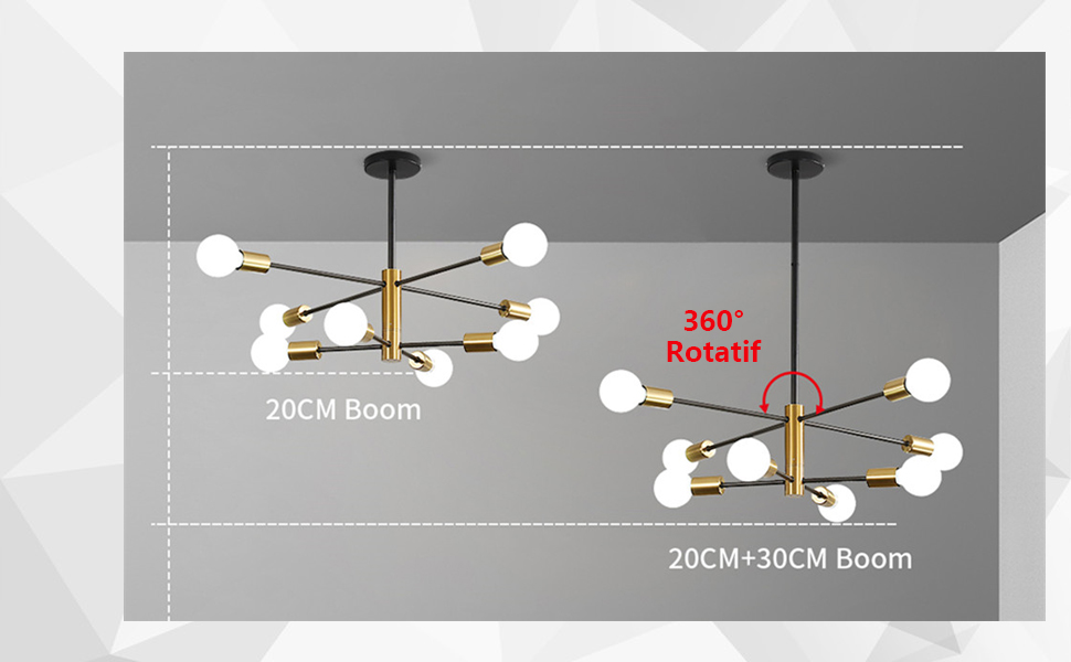 Suspension Luminaire, Lustre Salon Moderne, Noir-doré 8 Lumières E27 Base, Réglage De Rotation 360° Lustre Industriel En Métal Pour Salon Chambre Salle à Manger, (sans Ampoules) 13 1