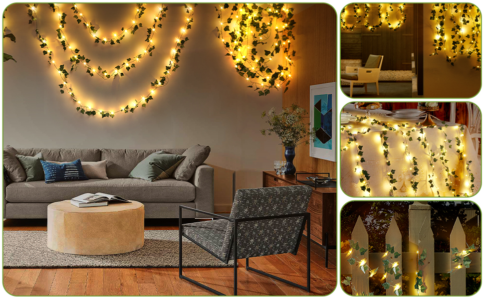 Artificial Ivy LED String Lights, 8M Solar Green Rattan Lights with 80