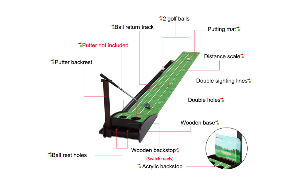Wood Golf Putting Green Mat Practice Putting Green with Ball Return Outdoor Indoor