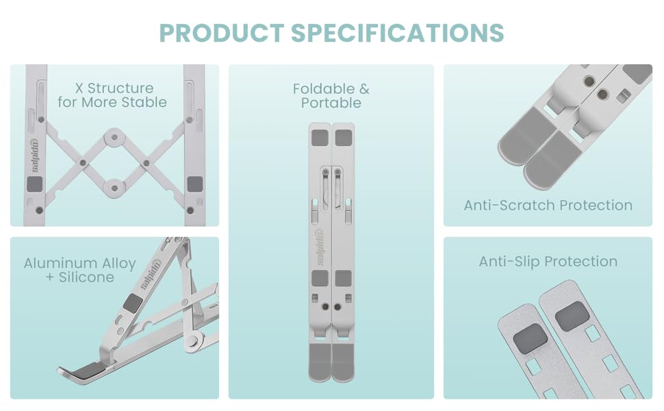 SL-221, 6-Level Adjustable Foldable Aluminum and Silicone Build Laptop Stand, Multi-Size Compatible, Easy Folding for Storage Ergonomic Comfort Works with MacBook, Dell, HP & More (Silver) 19 SALPIDO LAPTOP STAND SL-221