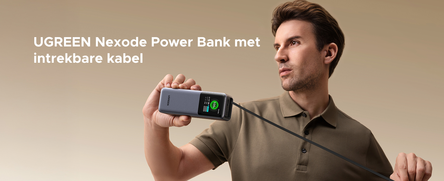 De tekst luidt 'UGREEN Nexode Power Bank met inzetbare kabel'. Productdemonstratie met een compact powerbank-apparaat met een intrekbare kabelfunctie.